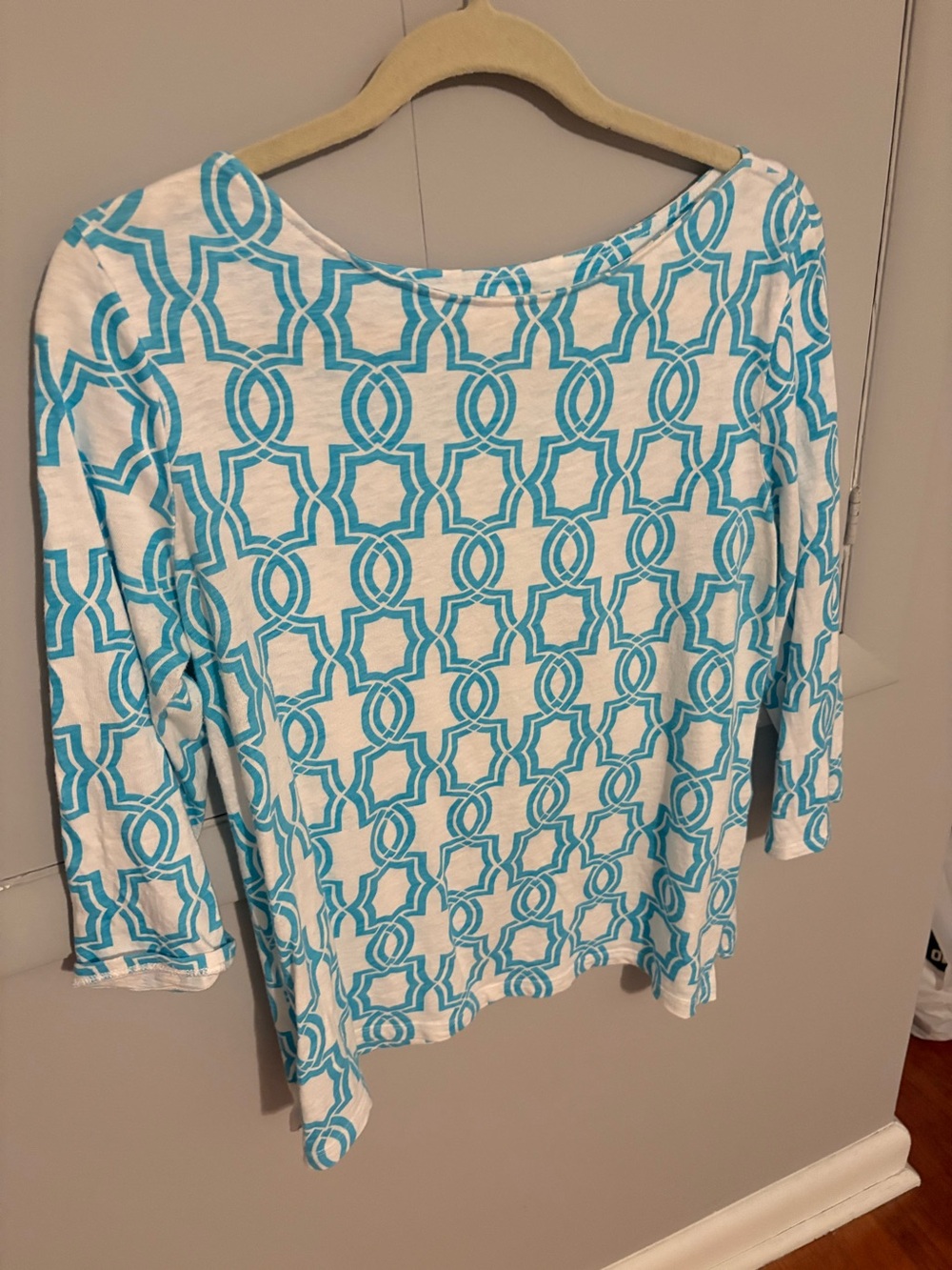 Chico's White and Turquoise Geometric Boatneck Long-Sleeve Top